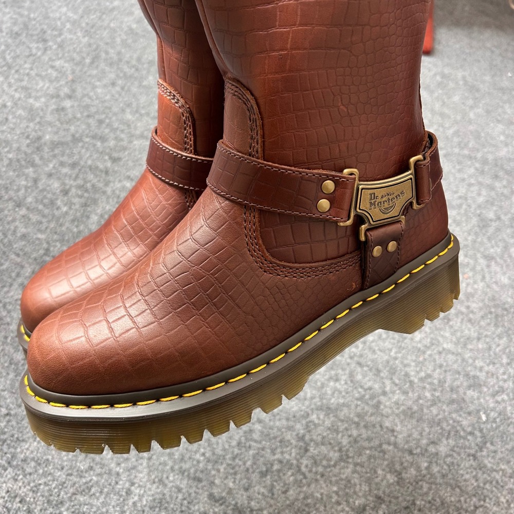 Dr Martens Anistone Hi Brown Croc Embossed Leather Harness Biker Boots Womens 9 - Picture 3 of 8